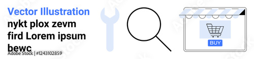 Magnifying glass, wrench, and online store interface with a shopping cart. Ideal for e-commerce, online shopping, search optimization, retail setup, business tools, tech solutions flat landing page