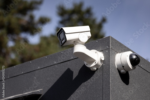 Surveillance camera CCTV. Close-up of modern surveillance cameras mounted on a dark building corner, ensuring security and monitoring, with a blurred tree background on a sunny day. Home security.