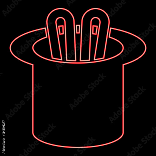 Neon hare ears in wizard's hat wizard conjure cylinder bunny rabbit appearing trick concept red color vector illustration image flat style