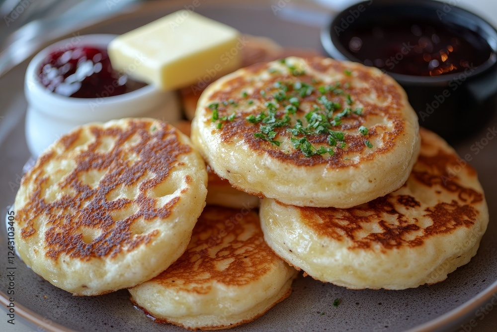 Crumpets, jam, butter breakfast plate Crumpets, jam, butter breakfast plate