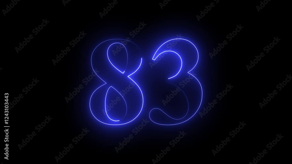 Glowing neon number 83. Educational mathematics 83 animation on black background. 4k motion graphic animation. Glowing neon number 83. Educational mathematics 83 animation on black background. 4k motion graphic animation.