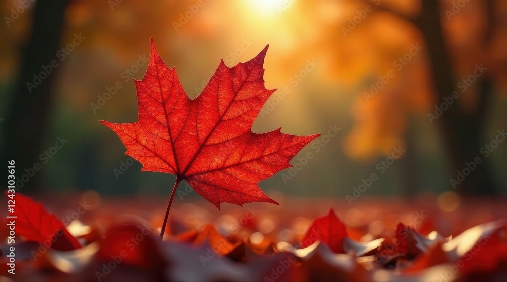 A single vibrant autumn leaf stands tall amidst a carpet of fallen foliage, bathed in the warm glow of the setting sun. A single vibrant autumn leaf stands tall amidst a carpet of fallen foliage, bathed in the warm glow of the setting sun.