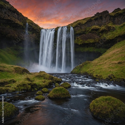 Get a long-exposure shot of Seljalandsfoss waterfall during sunset.
