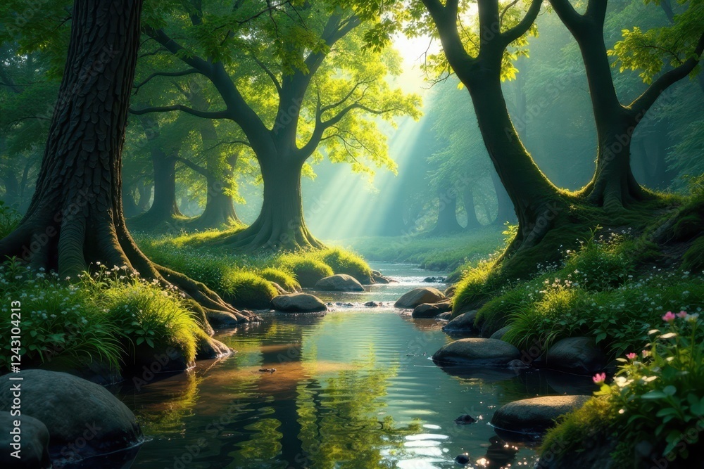 Naklejka premium Serene Woodland Stream Basking in Golden Sunlight, Trees and Lush Vegetation Frame a Calm River, Peaceful Nature Scene