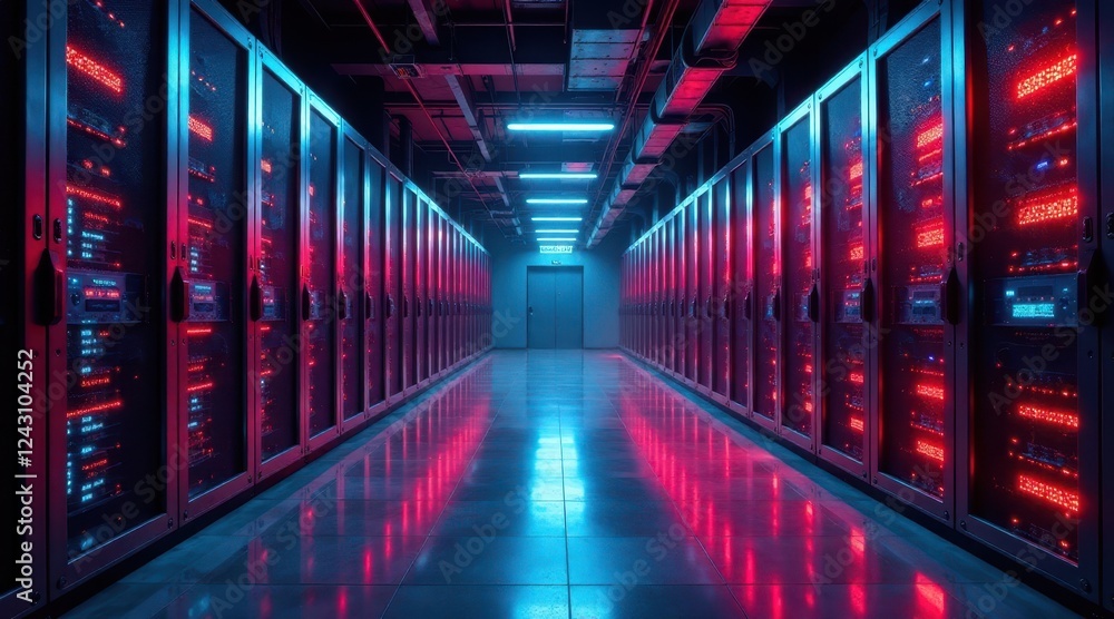 Illuminated Data Center Corridor Rows of Servers Glowing with Vivid Neon Lights Reflecting on Polished Floor Illuminated Data Center Corridor Rows of Servers Glowing with Vivid Neon Lights Reflecting on Polished Floor
