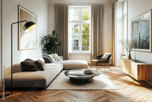 Stylish modern lounge designed with sophisticated furnishings and parquet wood flooring.