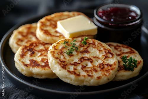 Crumpets, butter, jam, breakfast, dark plate