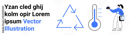 Circular arrows forming a recycling symbol, thermometer showing temperature, person holding waste. Ideal for sustainability, recycling, environment, waste management, ecology, temperature flat