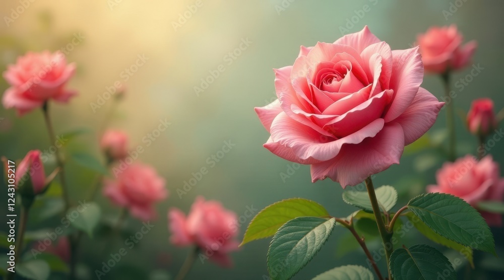 A Delicate Pink Rose in a Garden Setting, Soft Sunlight Illuminates its Petals, Other Roses Blurred in the Background A Delicate Pink Rose in a Garden Setting, Soft Sunlight Illuminates its Petals, Other Roses Blurred in the Background