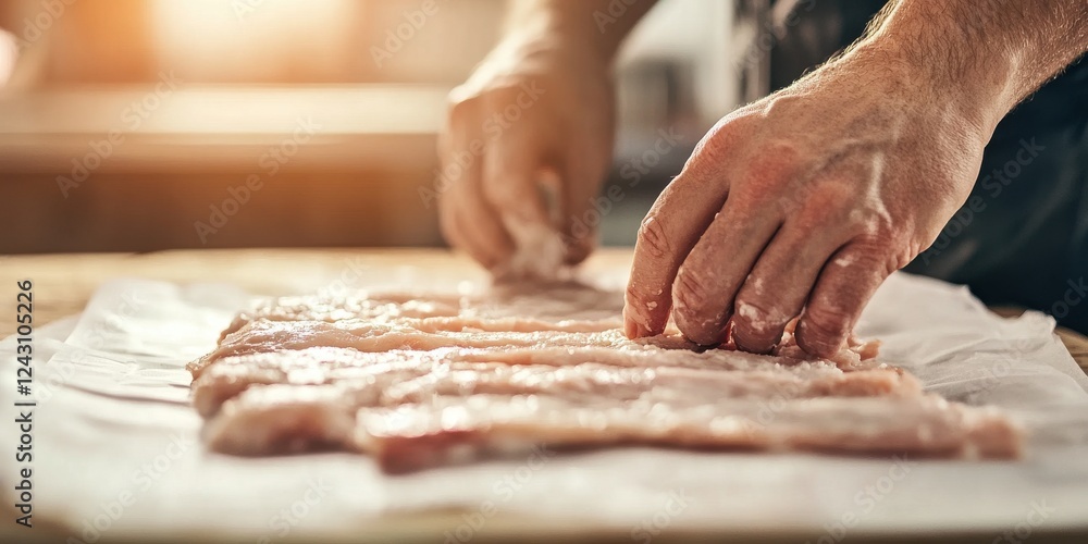 A chef skillfully prepares fresh meat on a wooden table, showcasing culinary expertise and attention to detail in a warm kitchen setting. A chef skillfully prepares fresh meat on a wooden table, showcasing culinary expertise and attention to detail in a warm kitchen setting.