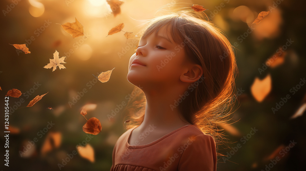 Fototapeta premium A young girl surrounded by floating leaves, each leaf transforming into different childhood memories, soft sunlight filtering through
