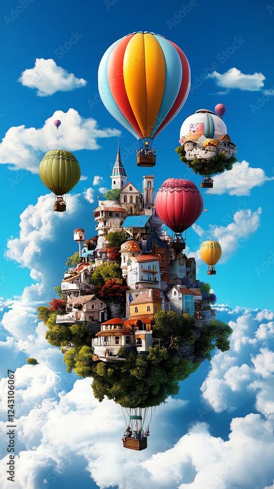 Fototapeta premium A whimsical world where hot air balloons support floating villages, drifting endlessly through a realm of shifting colors