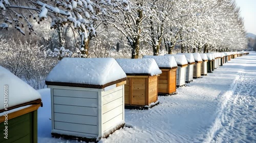 Wallpaper Mural Rows of colorful bee hives are blanketed in snow beside a serene, tree-lined path during winter weather Torontodigital.ca