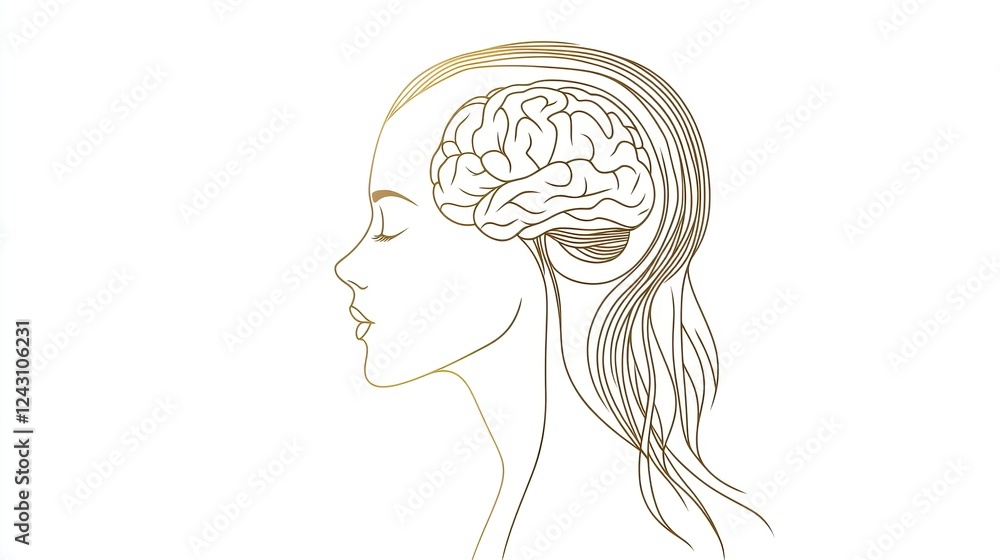 A simple vector line drawing of the profile outline with a brain inside, on a white background, using brown lines, in a minimalist, flat illustration style. The design is simple and minimalist, A simple vector line drawing of the profile outline with a brain inside, on a white background, using brown lines, in a minimalist, flat illustration style. The design is simple and minimalist,