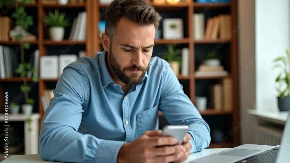 A Focused Young Man Engaged with His Smartphone While Working from Home in a Modern Office Setting Surrounded by Bookshelves and Indoor Plants A Focused Young Man Engaged with His Smartphone While Working from Home in a Modern Office Setting Surrounded by Bookshelves and Indoor Plants