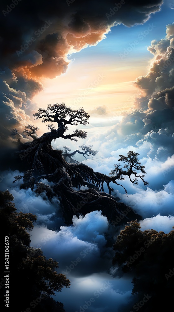 Fototapeta premium Gigantic, ancient tree roots stretching across the sky, supporting entire floating cities among pastelcolored clouds