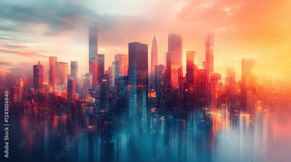 Fototapeta premium City skyline with tall skyscrapers silhouetted against a colorful sunset sky over urban landscape