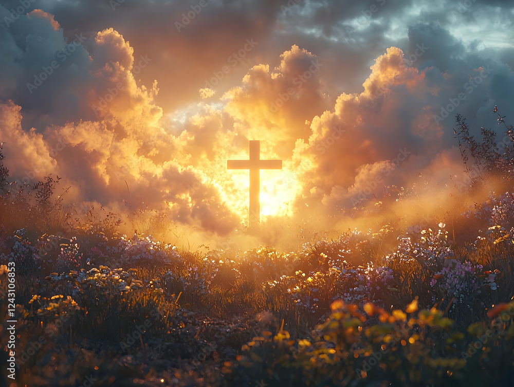 Sunset Cross in Field of Flowers, Peaceful Sky Sunset Cross in Field of Flowers, Peaceful Sky