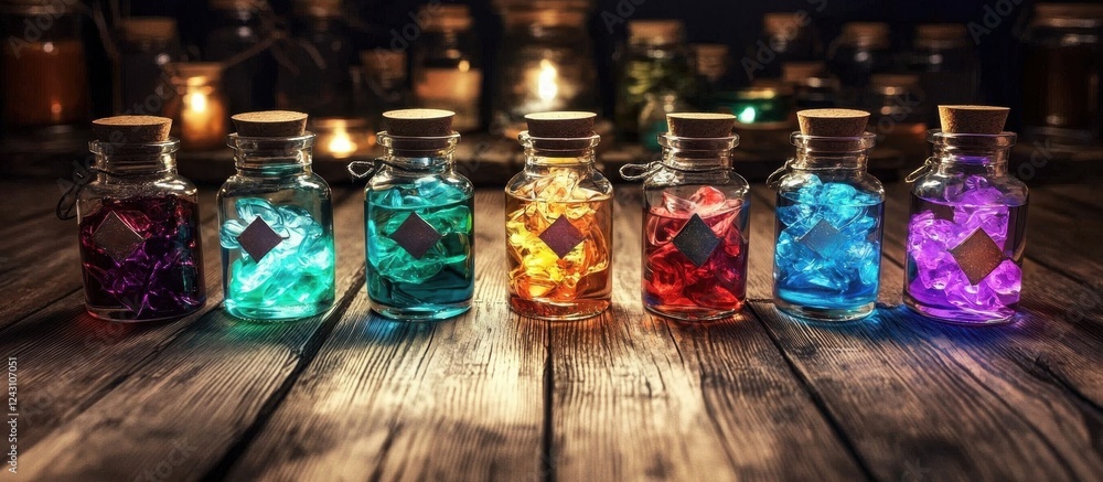Fototapeta premium Ample space around the potion bottles allows for personal notes and creative additions. 