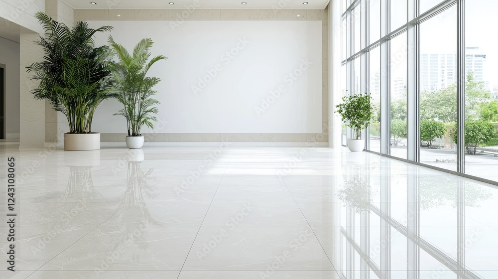 Modern office lobby, plants, large windows, city view, bright interior design, ideal for real estate Modern office lobby, plants, large windows, city view, bright interior design, ideal for real estate