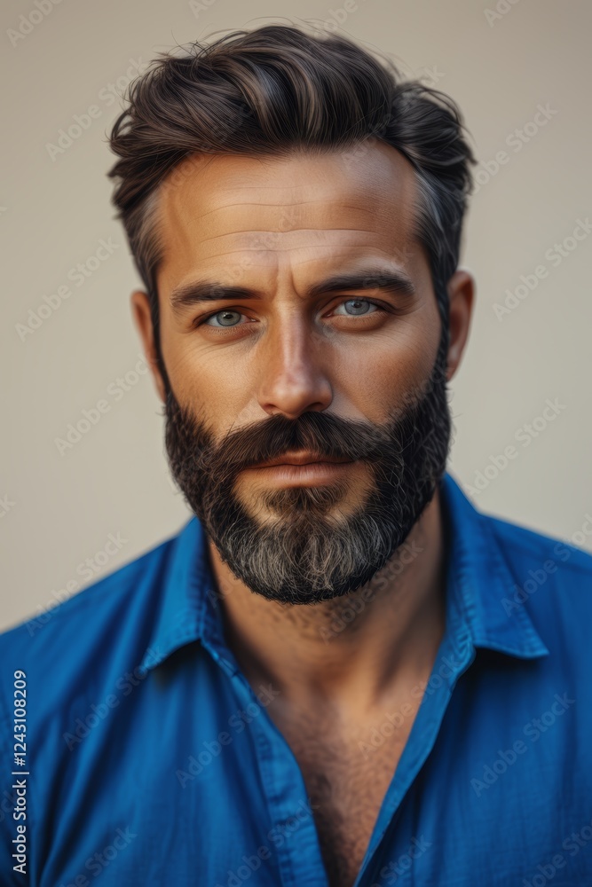 arafed man with a beard and a blue shirt looking at the camera arafed man with a beard and a blue shirt looking at the camera