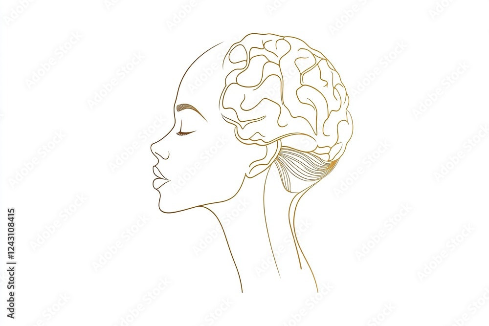 A simple vector line drawing of the profile outline with a brain inside, on a white background, using brown lines, in a minimalist, flat illustration style. The design is simple and minimalist, A simple vector line drawing of the profile outline with a brain inside, on a white background, using brown lines, in a minimalist, flat illustration style. The design is simple and minimalist,