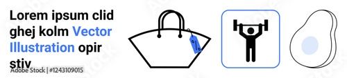 A handbag with a sale tag, weightlifting figure, and minimalist avocado-inspired design. Ideal for e-commerce, health, fitness, wellness, shopping dieting and nutrition concepts. Perfect flat