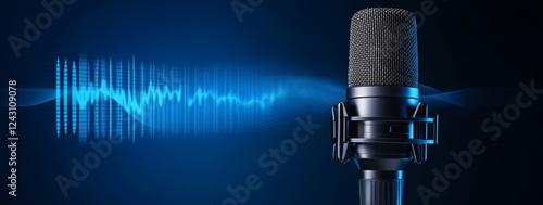 Studio microphone recording audio waves, blue background
