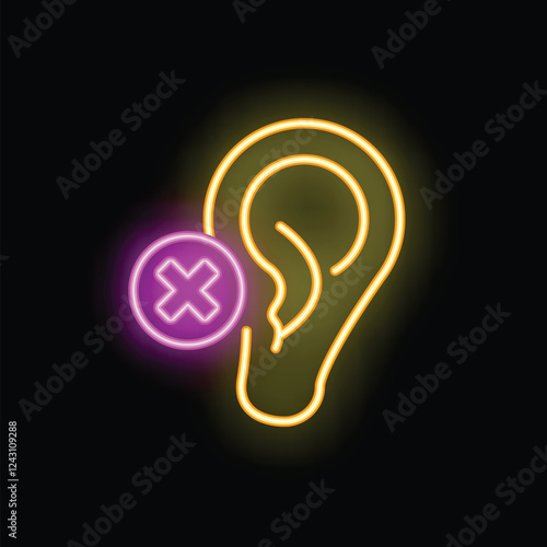 Neon sign depicting an ear with a cross over it, representing the concept of hearing loss