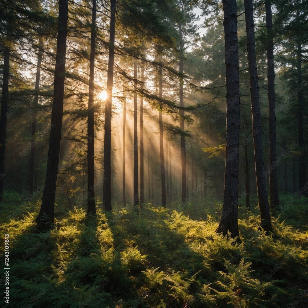 Fototapeta premium A breathtaking sunrise illuminating a forest clearing, the light breaking through the trees on a white backdrop.