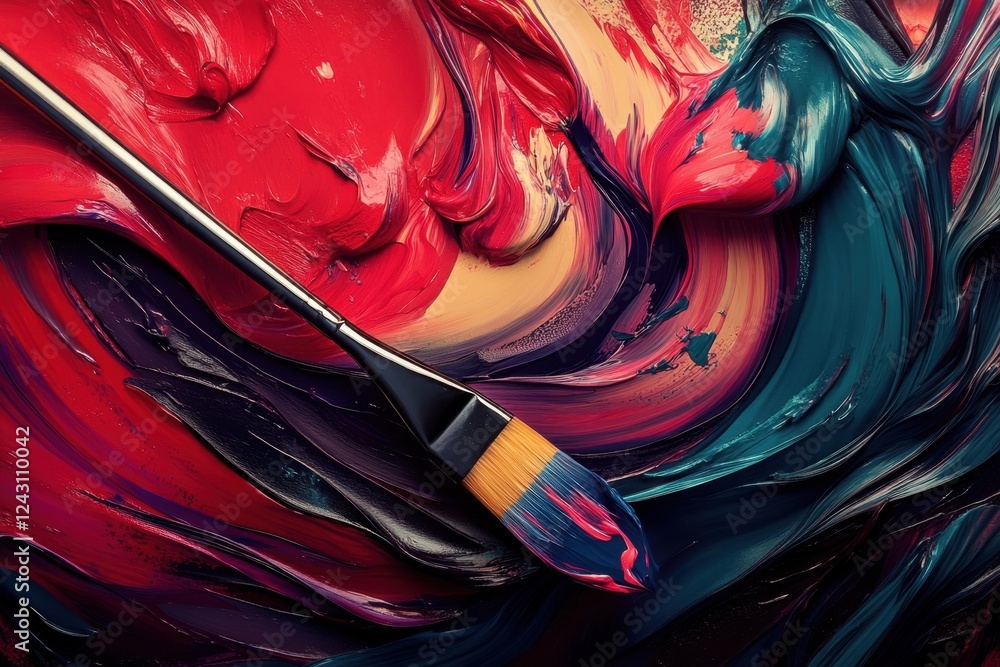 Fototapeta premium A paintbrush is laying on a canvas with a splash of red and blue paint