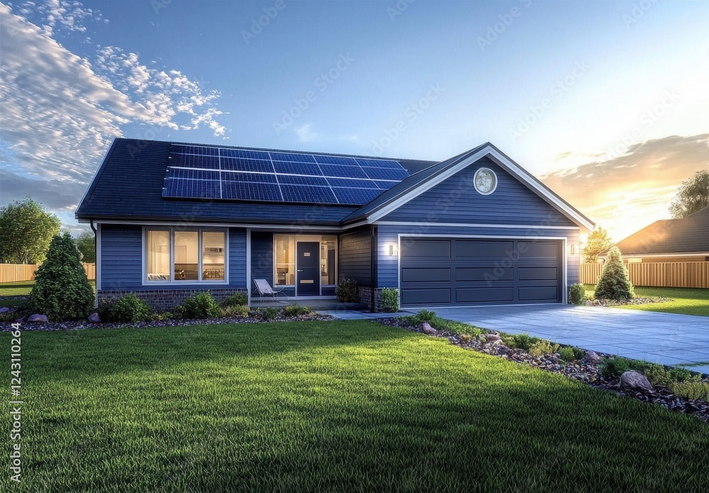 Obraz premium Photovoltaic solar panels installed on a modern detached home.