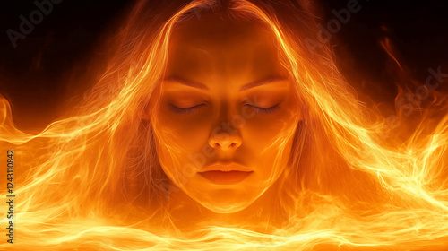 Woman face surrounded by golden flames with closed eyes, representing inner power and spiritual awakening in fantasy portrait