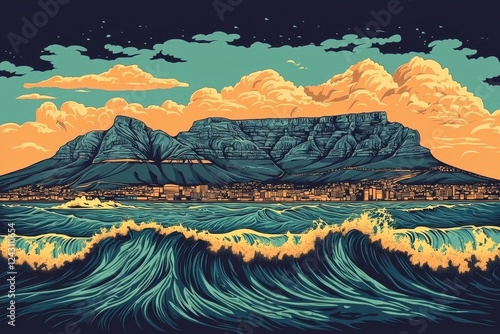 Unique surf poster design featuring iconic Table Mountain.