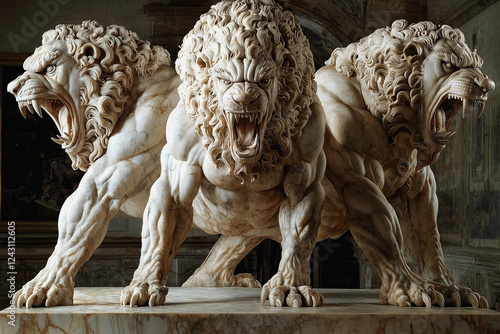 Cerberus is a three-headed terrible dog ​​of Hades - the guardian of the underworld of the dead. Marble statue in the museum. Ancient Roman and Greek mythology. photo