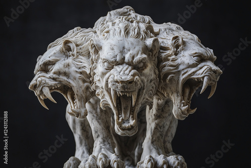 Cerberus is a three-headed ugly dog ​​of Hades - the guardian of the underworld of the dead. Antique marble statue in the museum. Ancient Roman and Greek mythology. photo