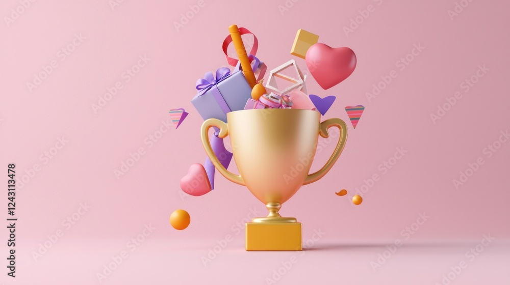 Gold Trophy with Pink Gifts and Hearts Gold Trophy with Pink Gifts and Hearts