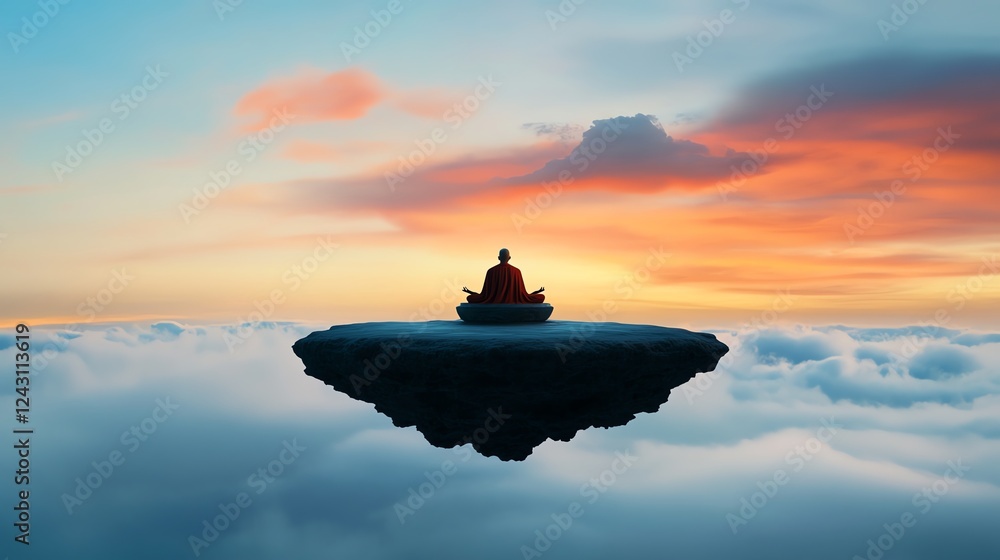 A mystical floating monastery with monks levitating above, meditating under a sky that constantly shifts colors A mystical floating monastery with monks levitating above, meditating under a sky that constantly shifts colors