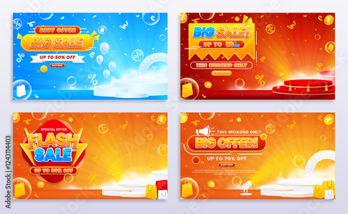 Collection of discount sale promo banner templates. Collection of flash sale, big sale, super sale, and mega sale promo discounts with podium, spotlights, and realistic abstract backgrounds.
