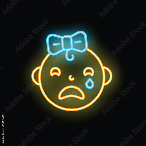 Bright neon icon of a crying baby girl wearing a blue bow on a black background