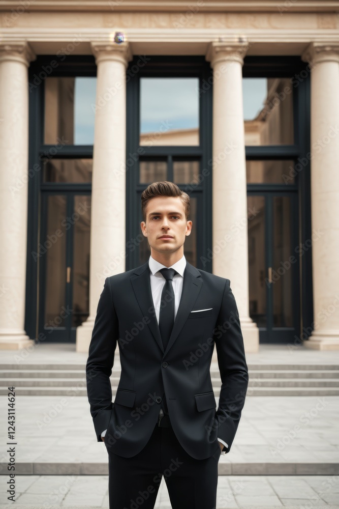 arafed man in a suit standing in front of a building arafed man in a suit standing in front of a building
