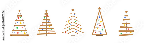 Handmade Christmas Tree collection. Christmas tree made of wooden planks. Zero waste holiday ornaments. Ecological seasonal decoration. Vector illustration in flat cartoon style.