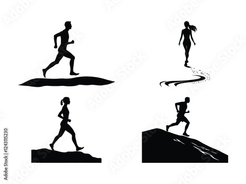 Trail Running Silhouette Set – Jogging, Sprinting & Barefoot Runner Vectors
