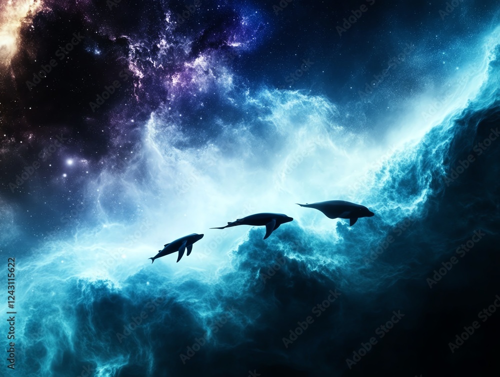Obraz premium A surreal cosmic ocean where whales and manta rays swim through the air, leaving trails of stardust