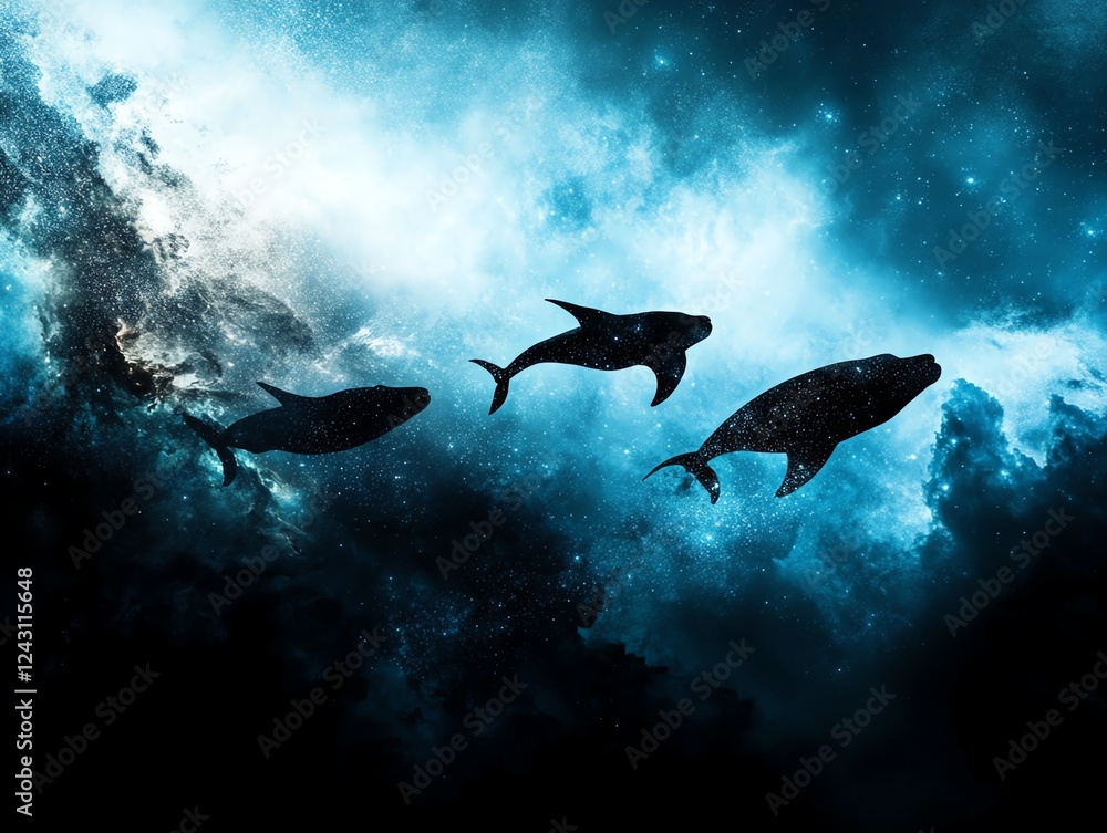 Obraz premium A surreal cosmic ocean where whales and manta rays swim through the air, leaving trails of stardust