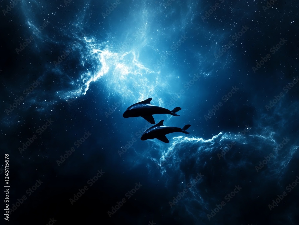 Fototapeta premium A surreal cosmic ocean where whales and manta rays swim through the air, leaving trails of stardust