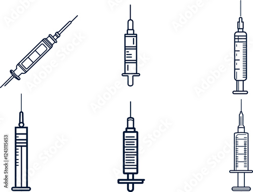 Syringe icon set. Injection medical syringe silhouette, symbol, Solid black line vector