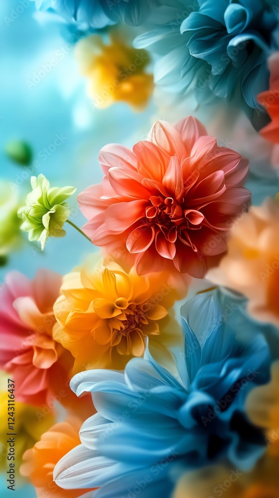 Fototapeta premium A surreal floating garden where flowers bloom in the sky, petals drifting weightlessly in glowing hues