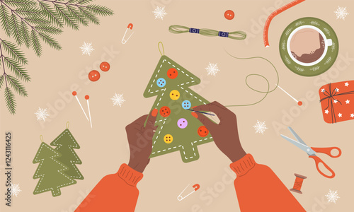 Felt Christmas Tree. African Girl create Christmas tree from fabric and threads. Top view on workplace. DIY holiday decorations. Christmas eve preparation. Vector illustration in flat cartoon style.