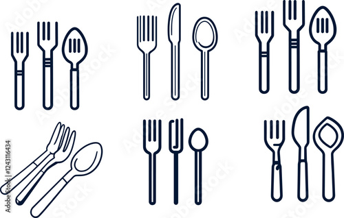 Hand drawn modern spoon, fork and knife. Sketch style illustration.